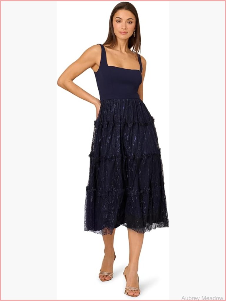 Nylon Crepe & Lace Midi Dress With Square Neckline